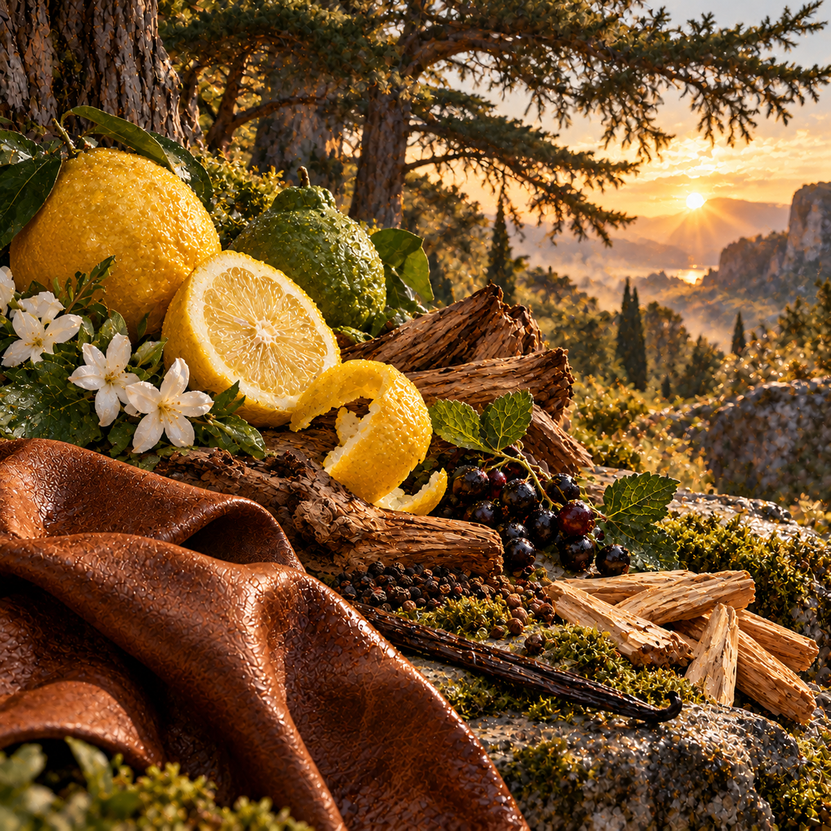 Cedrat Boise Probe mit frischen Zitrusfrüchten, Holz und einem eleganten Hintergrund in der Natur.