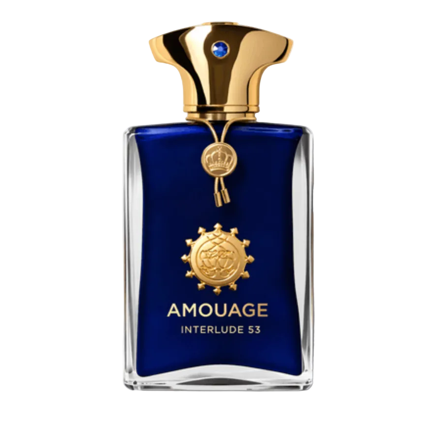 Amouage Interlude 53 Duftprobe in edlem Flakon mit goldenen Akzenten und blauer Farbe.
