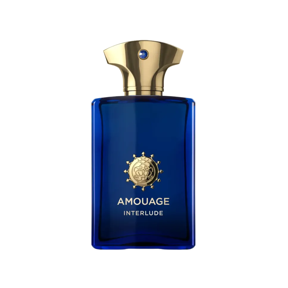 Amouage Interlude Man Probe Duft in eleganter blaublauer Flasche mit goldenem Verschluss.
