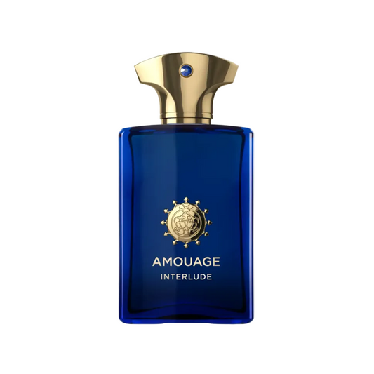 Amouage Interlude Man Probe Duft in eleganter blaublauer Flasche mit goldenem Verschluss.