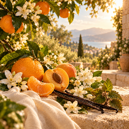 Montale Pure Gold probe mit frischen Orangen, Aprikosen und weißen Blüten in natürlicher Umgebung.