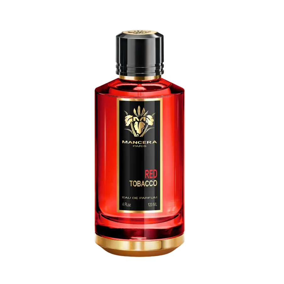 Red Tobacco Probe Duft von Mancera in einem eleganten Flakon mit roter Farbe und goldenen Akzenten.