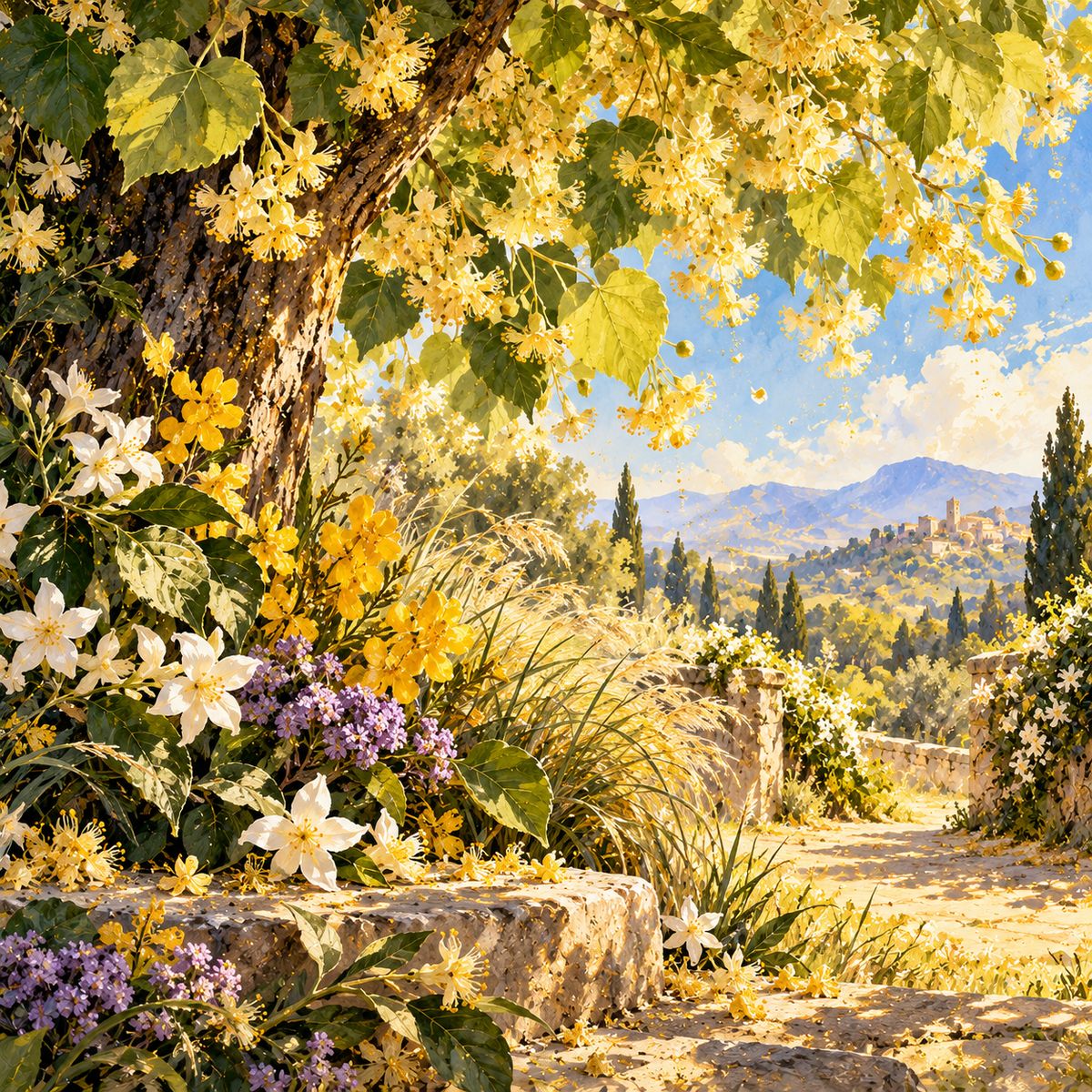 Die blühende Landschaft mit Lindenblüten und sonnigem Himmel, inspiriert vom Tilia Eau de Parfum Duftprobe.