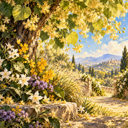Die blühende Landschaft mit Lindenblüten und sonnigem Himmel, inspiriert vom Tilia Eau de Parfum Duftprobe.
